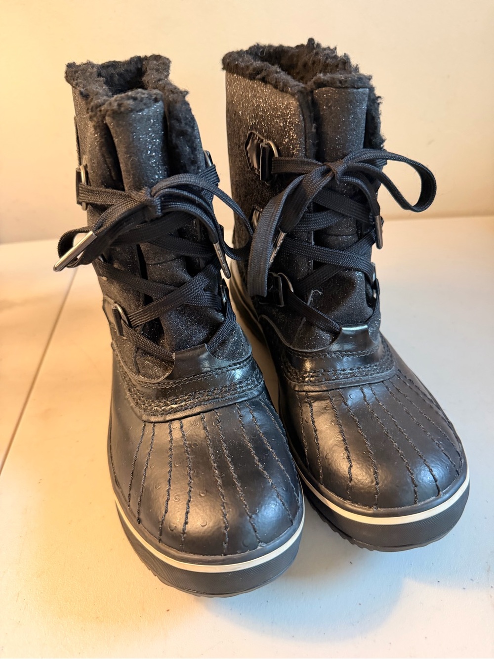 Sorel Tivoli Glitter Women Size 6 Black Faux-Fur Lined Winter Boots